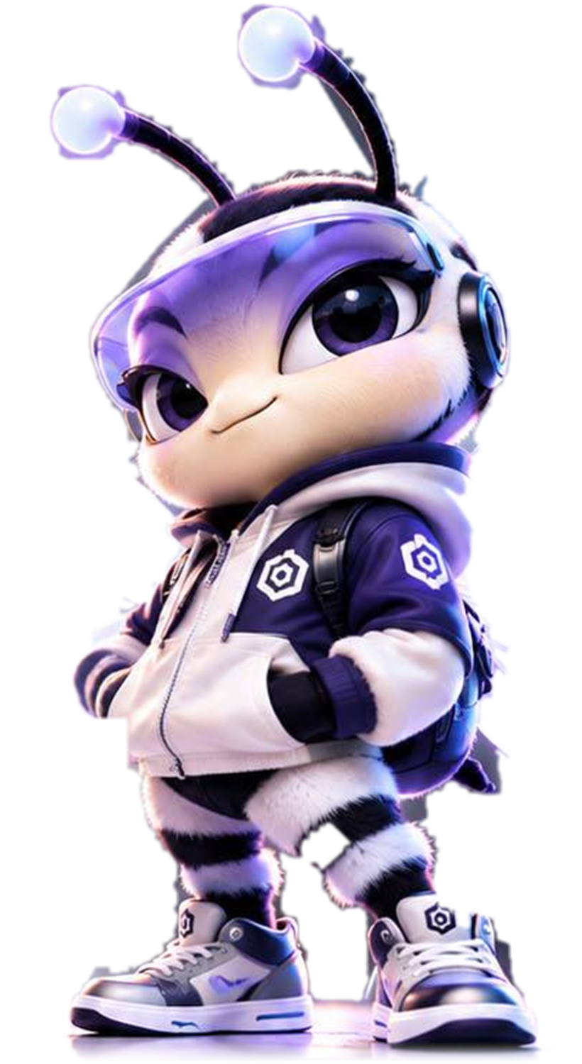 BIZO mascot: a bee in a purple visor, headphones, hoodie and sneakers